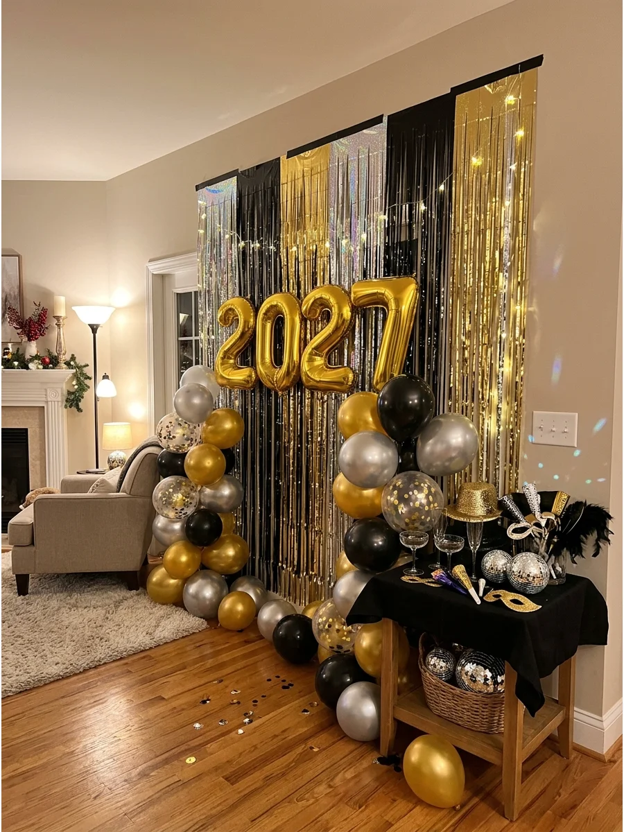 A shimmering gold fringe curtain used as a photo backdrop.