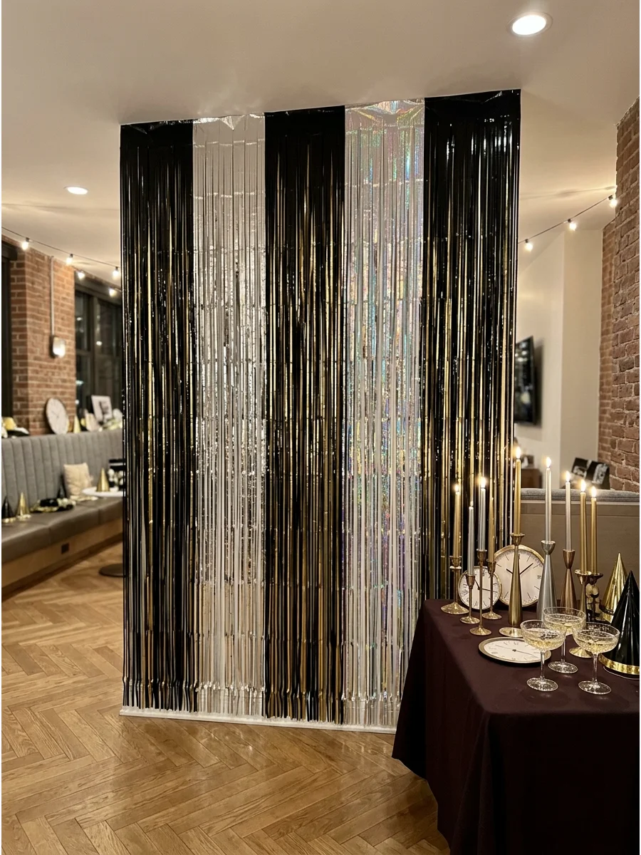 A multi-colored metallic fringe wall in black and silver.
