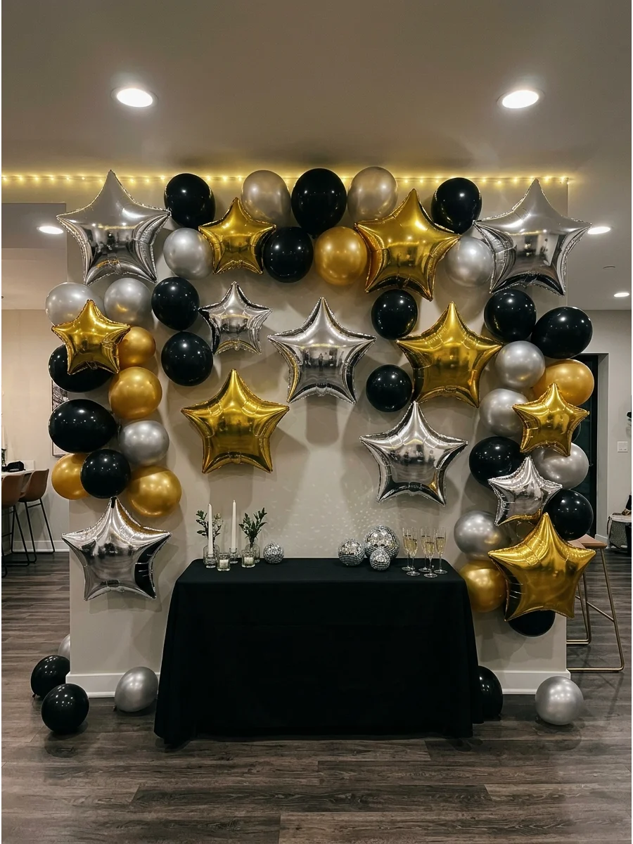 A balloon backdrop featuring large metallic stars and round balloons.