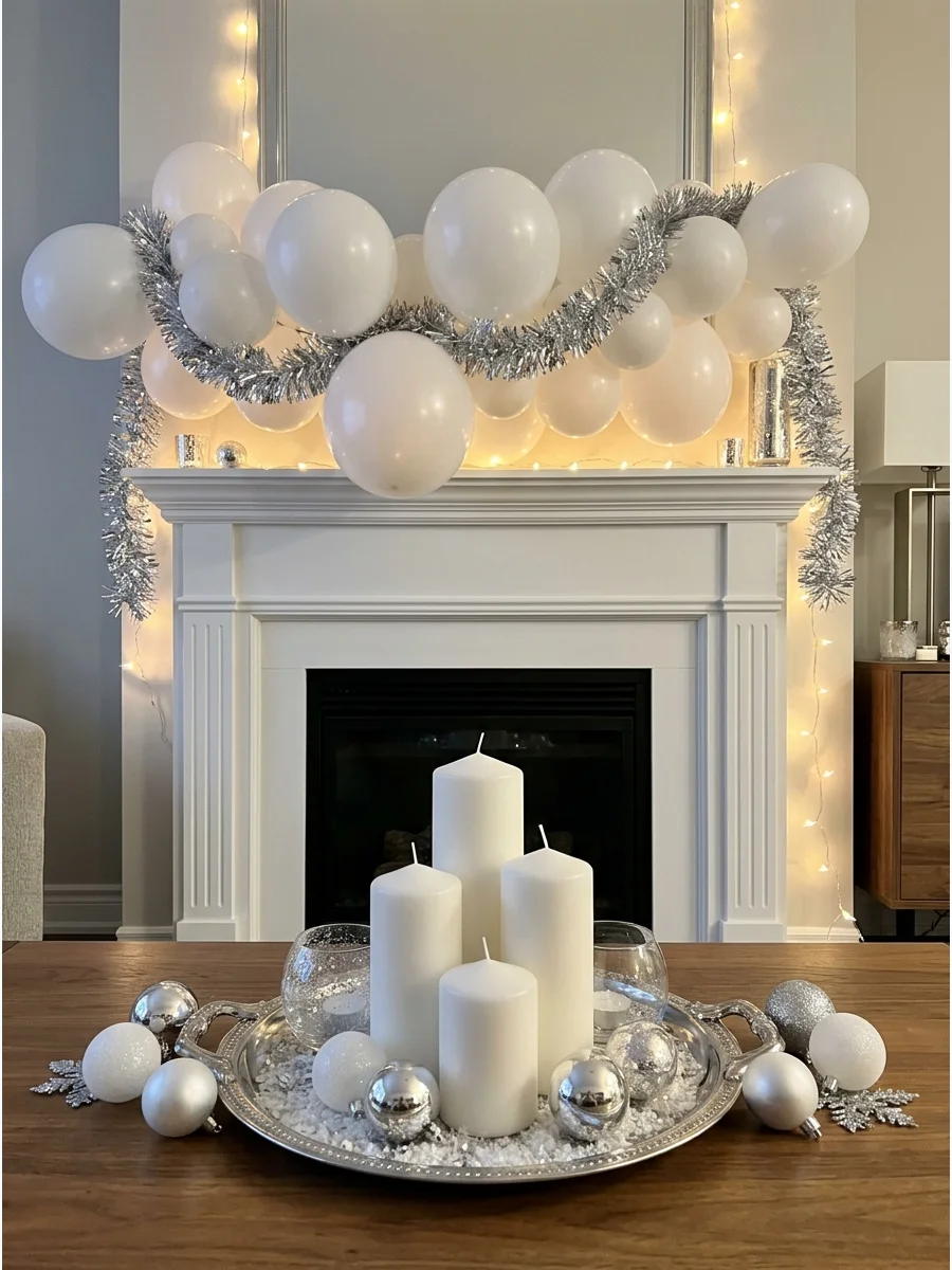 Silver and white New Year's Eve decorations in an apartment.