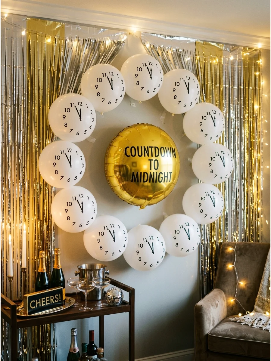 A wall decoration made of balloons that look like a giant clock.
