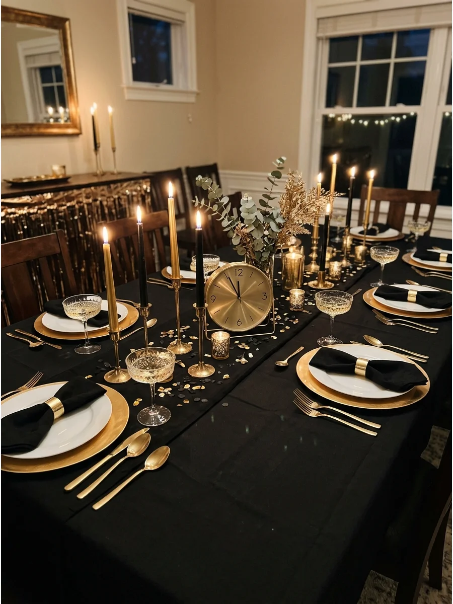 A formal New Year's Eve table setting with black and gold decor.