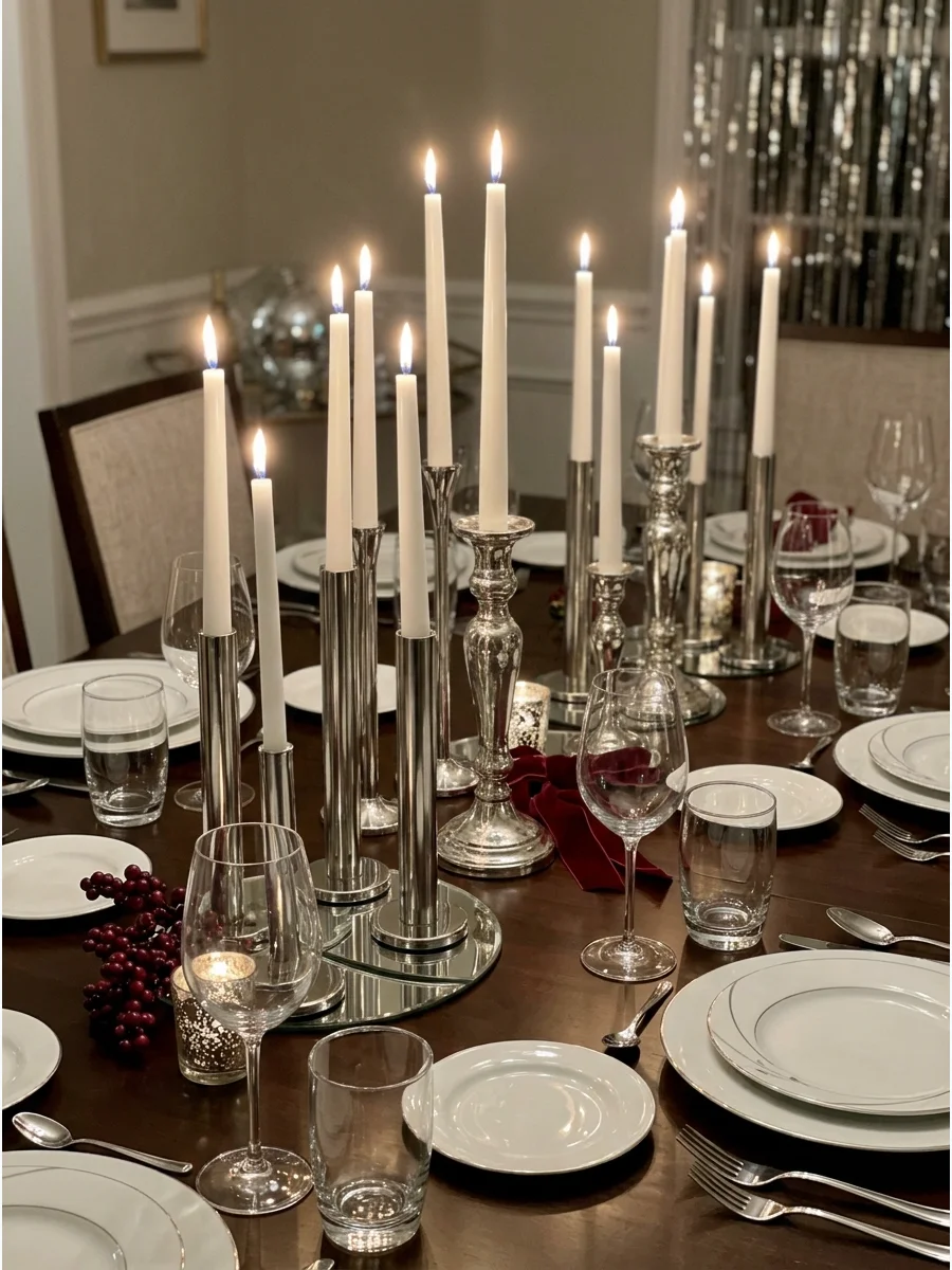 A silver and white table setting lit by several white taper candles.