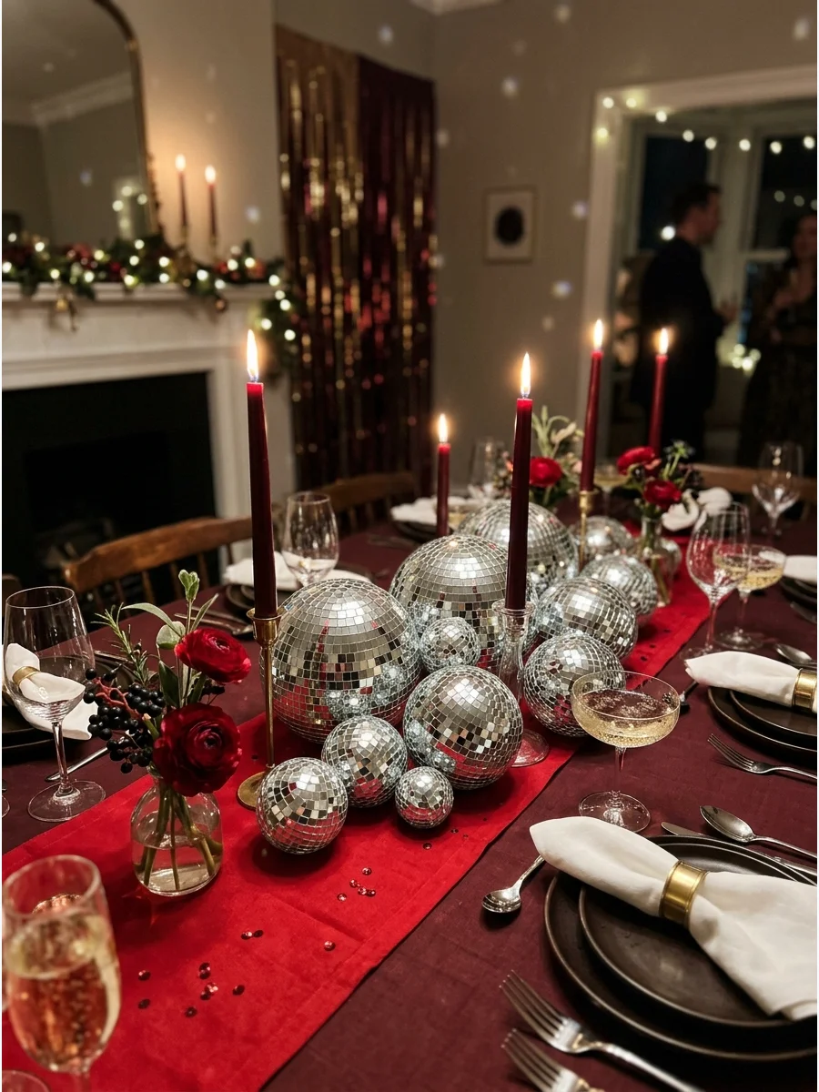A festive centerpiece made of several mirrored disco balls on a table.
