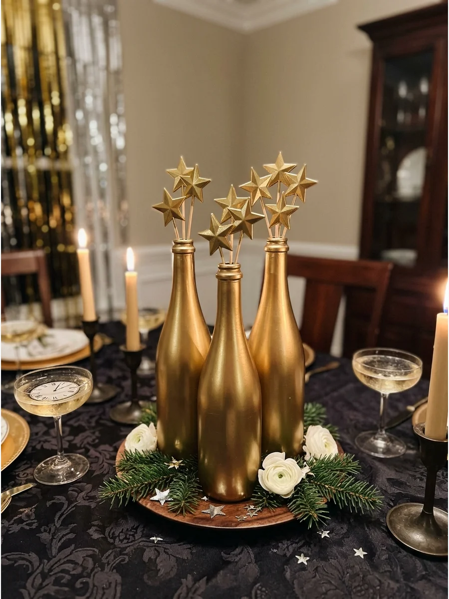 Gold painted champagne bottles used as a decorative table centerpiece.