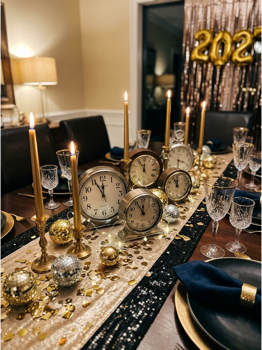 Vintage clocks set to midnight as a New Year's Eve centerpiece.