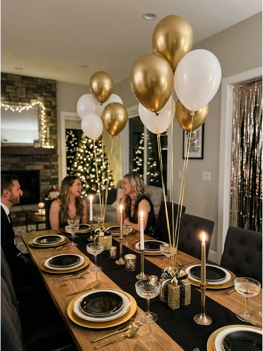 Small balloon clusters used as centerpieces on a party table.