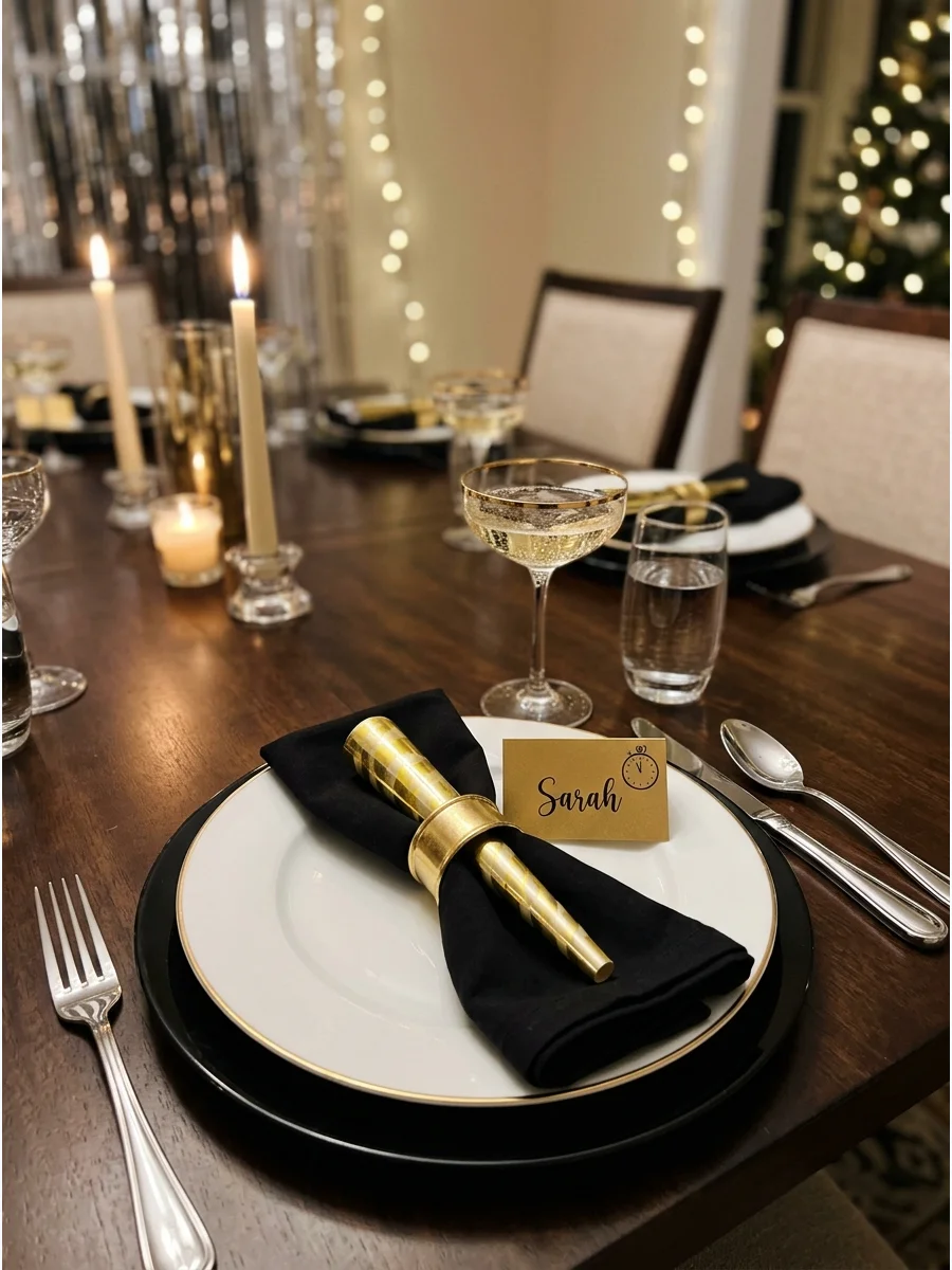 A formal place setting with a black napkin and gold party horn.