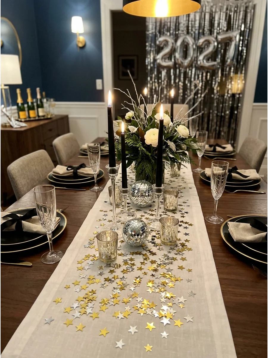 Metallic star confetti scattered as a runner on a dining table.