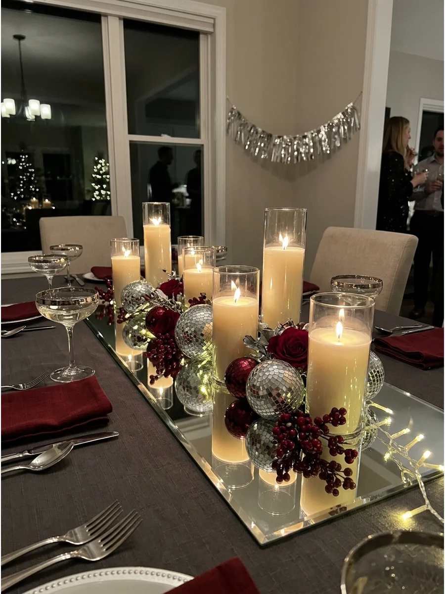 A mirrored tray centerpiece reflecting candlelight on a dinner table.