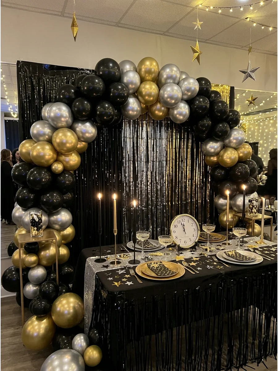 Black, silver, and gold balloon arch in an event suite.