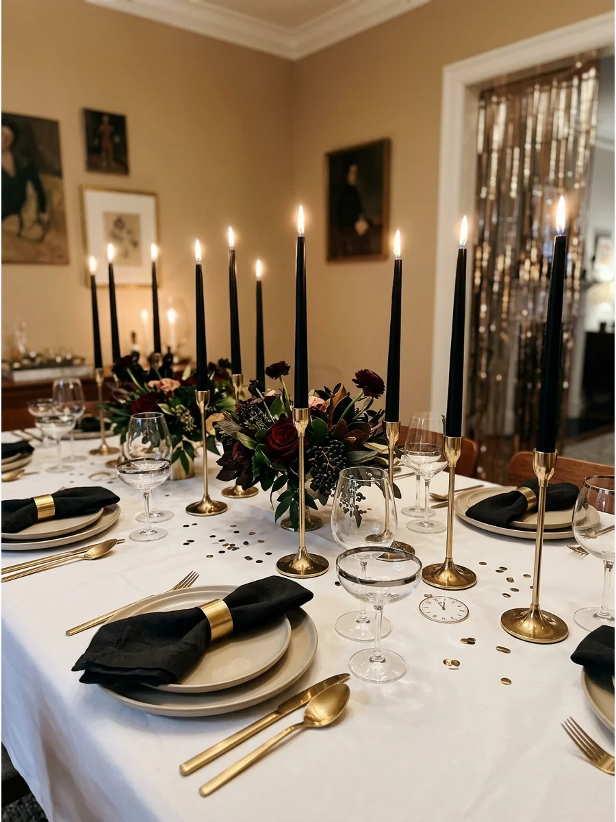 Modern black taper candles in brass holders on a white table.