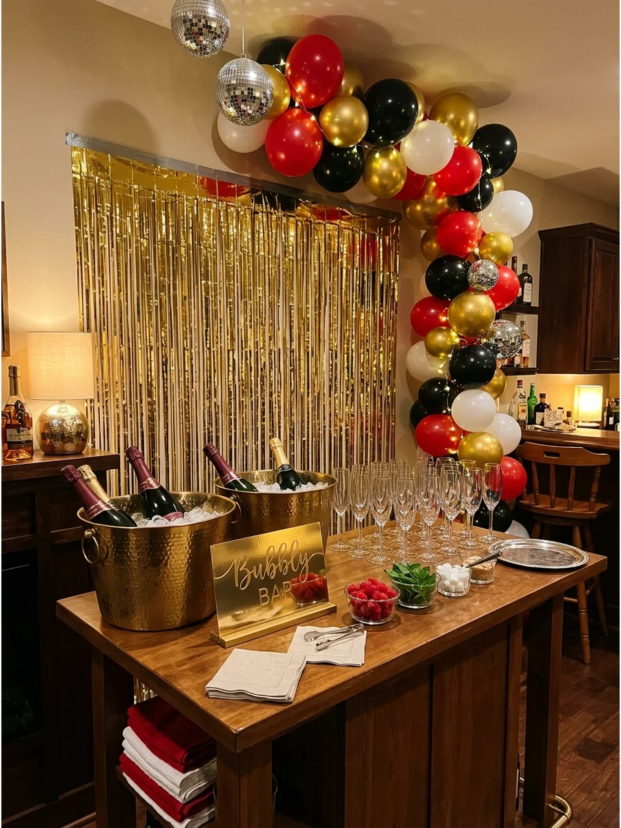 A decorated champagne bar with gold buckets and a metallic fringe background.