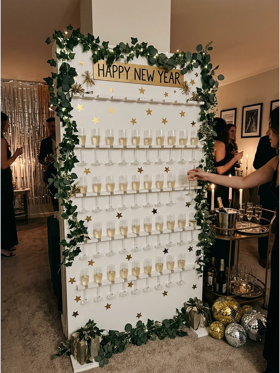 A vertical champagne wall holding glasses of bubbly with gold star accents.