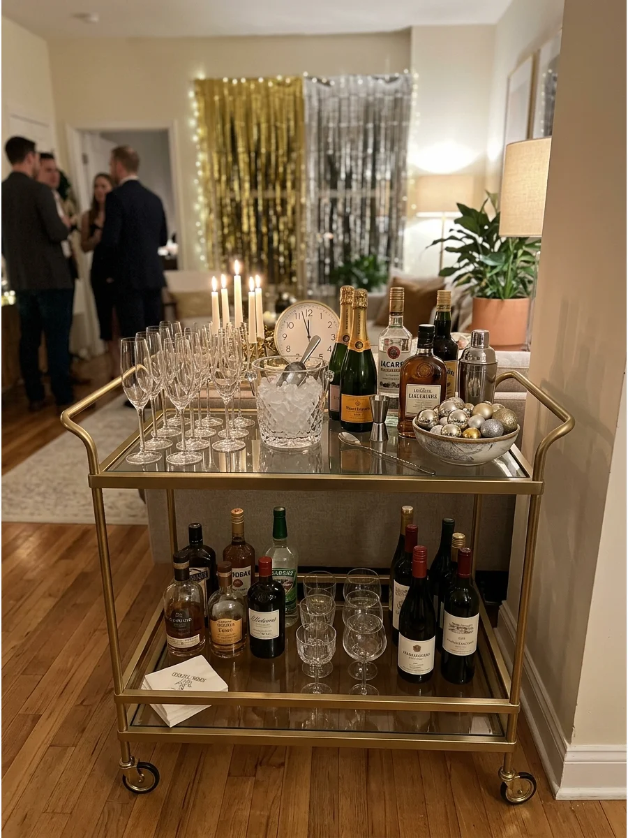 A festive gold bar cart styled with drinks and silver ornaments.