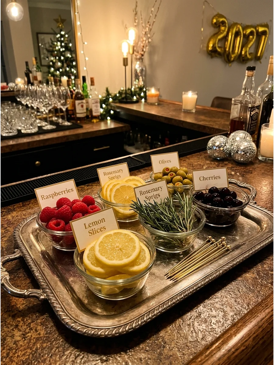 A tray of fresh cocktail garnishes in glass bowls with gold picks.