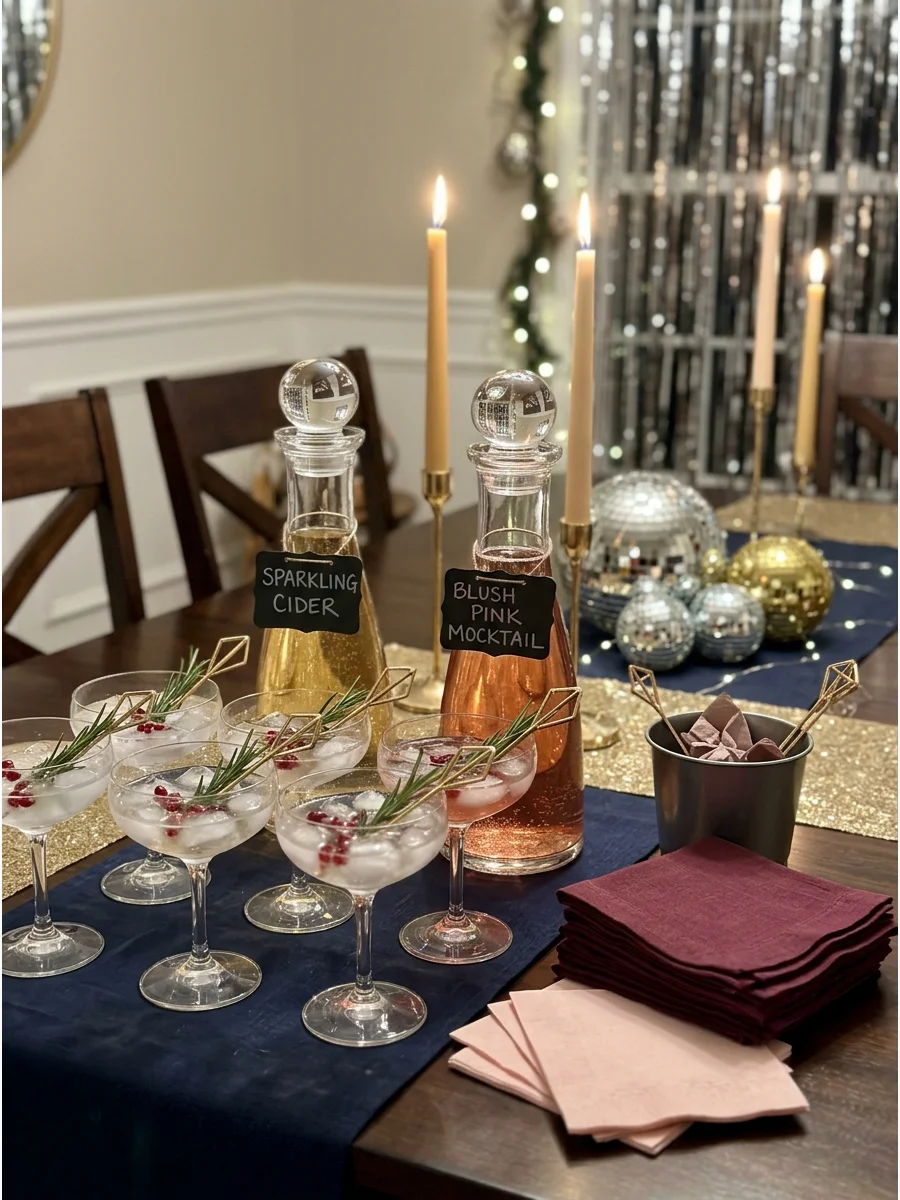 An elegant mocktail station with sparkling cider and pink accents.