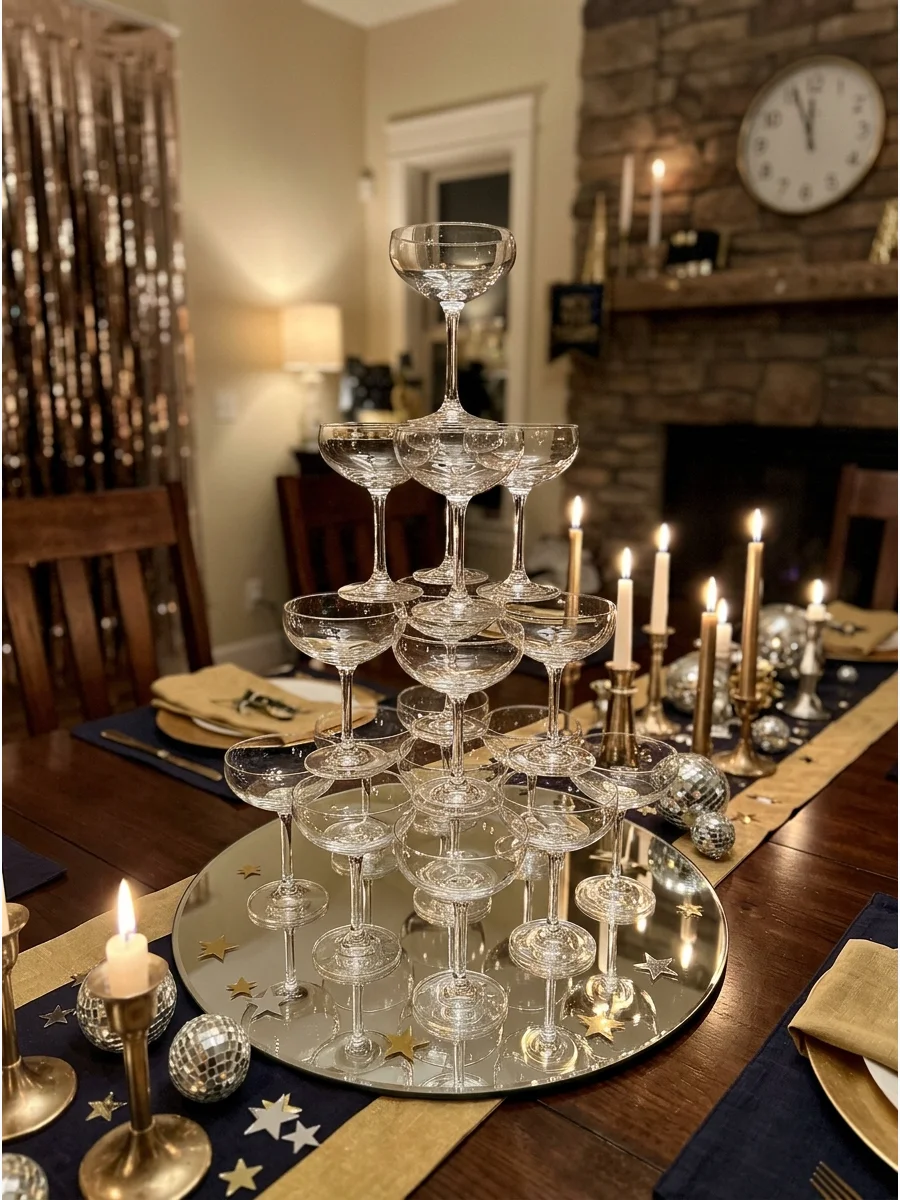 A glass champagne tower centerpiece on a mirrored tray.
