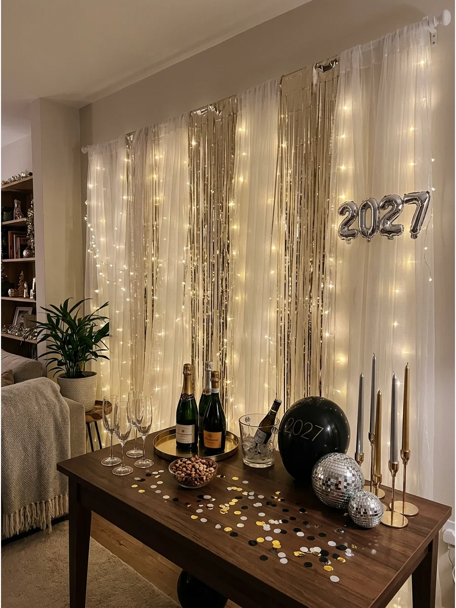 A wall of fairy lights behind sheer fabric in a living room.