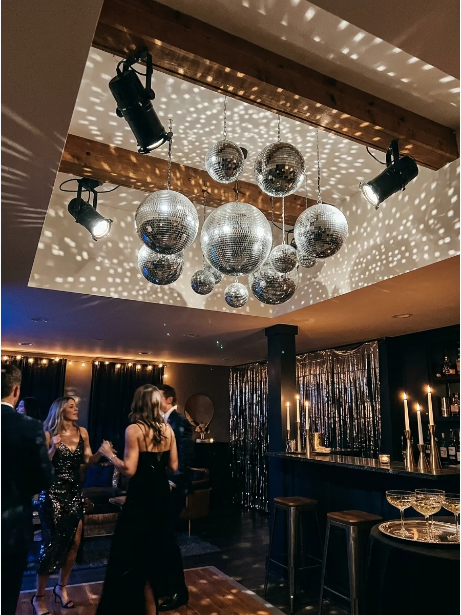 Multiple disco balls of different sizes hanging from a ceiling.