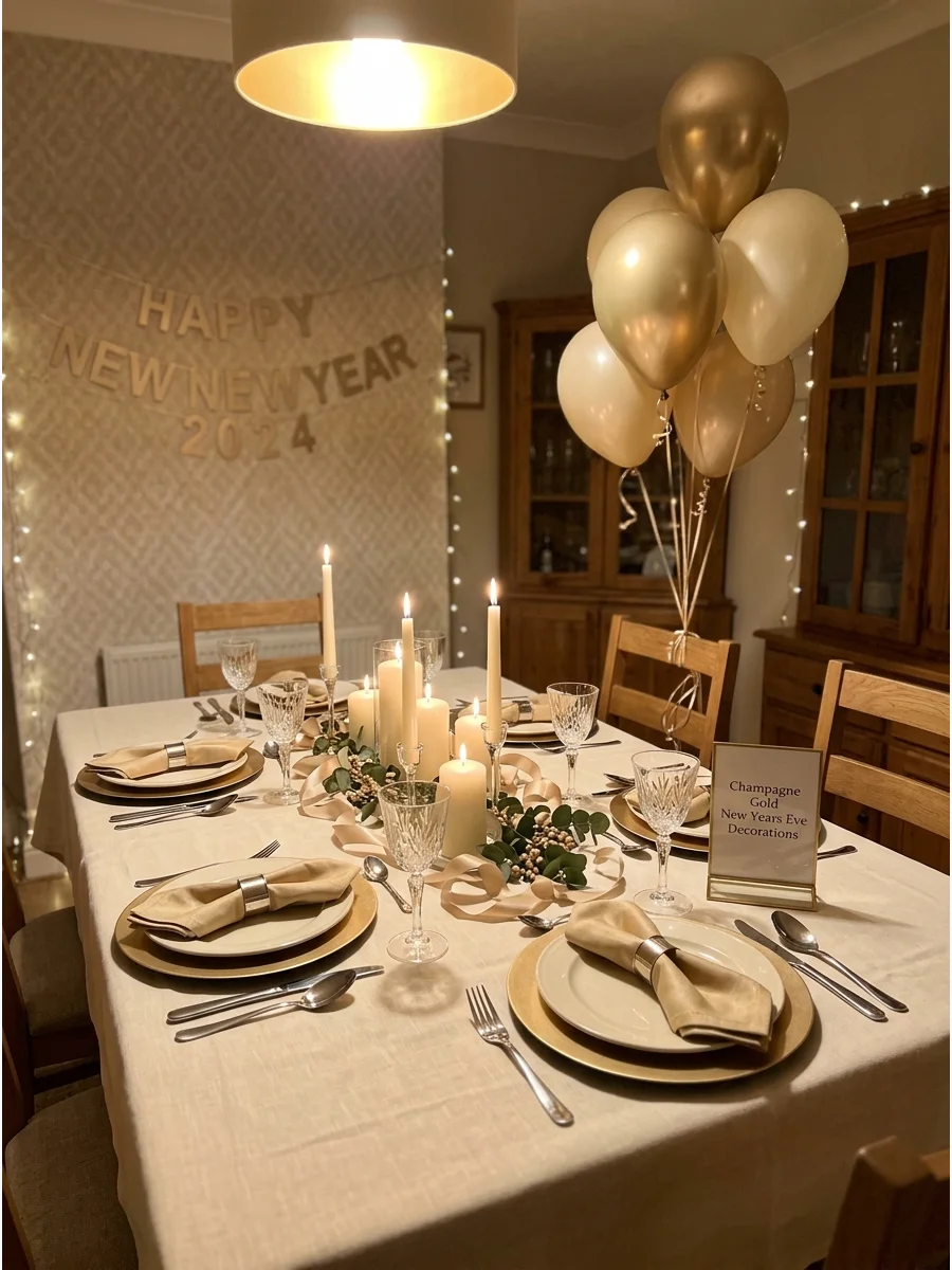 Champagne gold and ivory table setting for New Year's Eve.