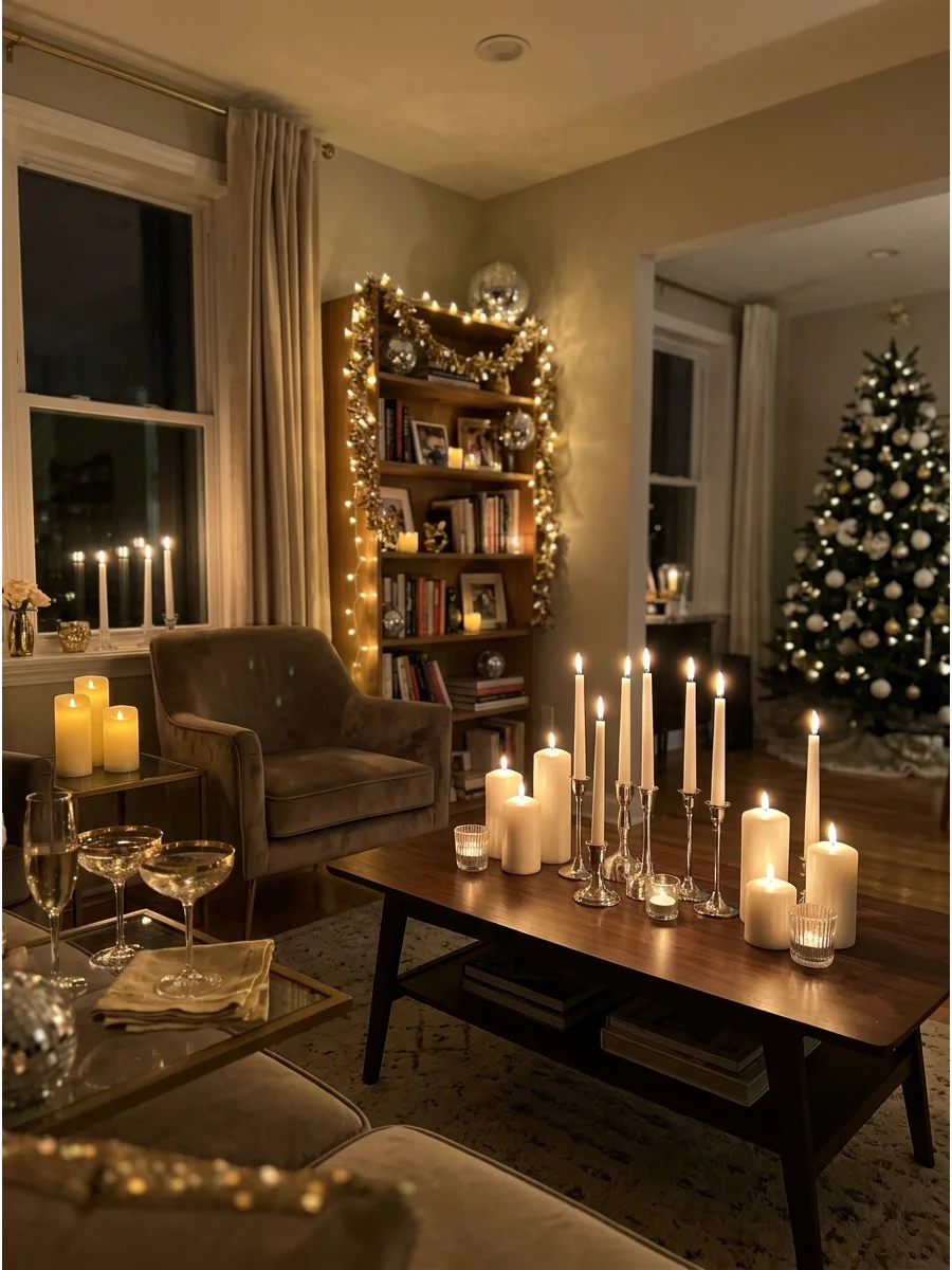 A cozy living room with warm candle lighting and string lights for a New Year's Eve party.