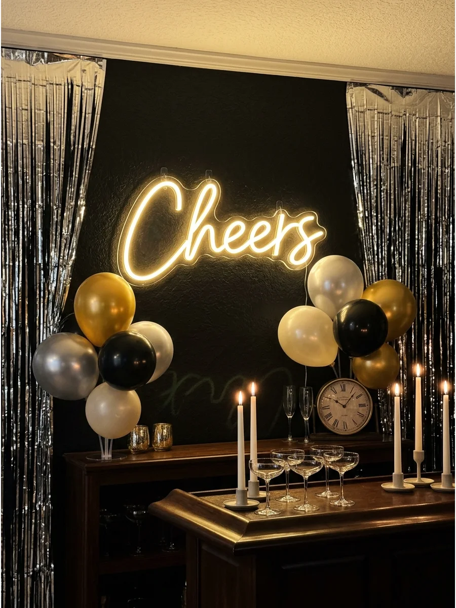 A modern home bar featuring a gold neon Cheers sign and metallic fringe decorations.