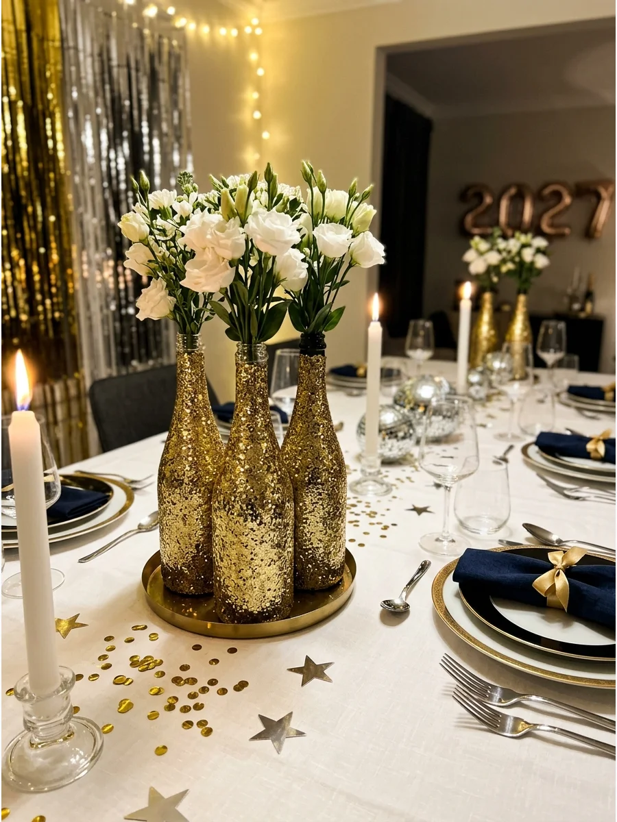 DIY gold glitter champagne bottles used as floral vases for a festive table centerpiece.