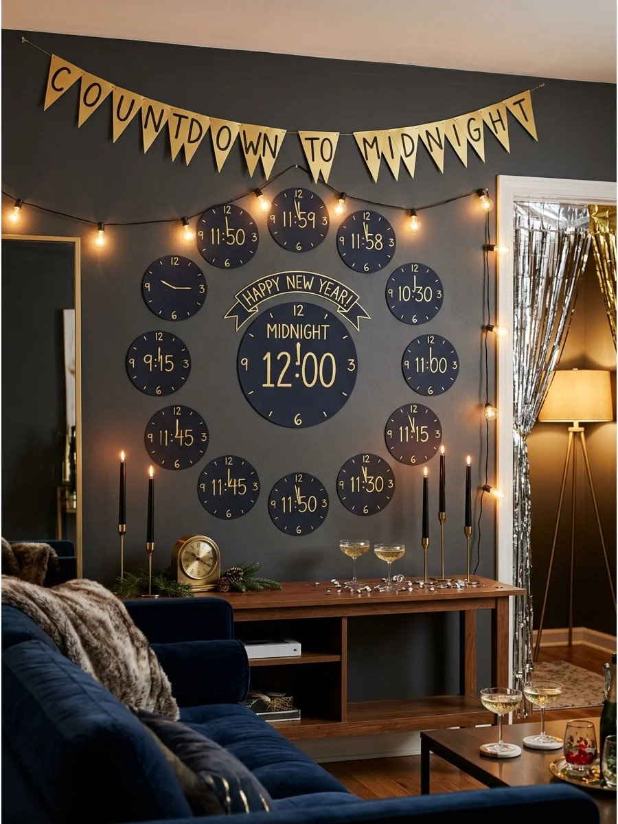 A creative wall display of various paper clocks showing times leading up to midnight.