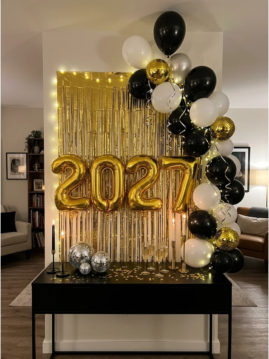 A compact New Year's Eve decoration setup on a console table in a small apartment.