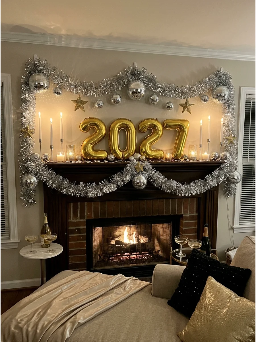 A festive fireplace mantel decorated with silver tinsel and disco balls for New Year's Eve.