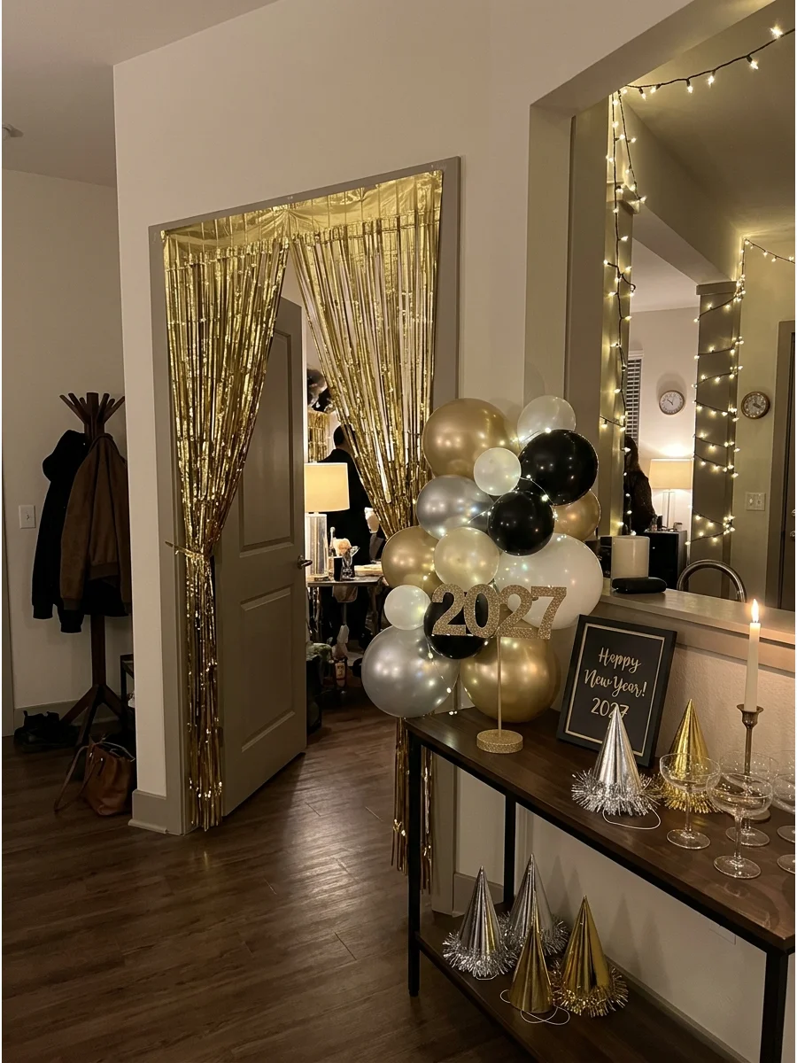 A decorated home entryway with a gold fringe curtain and party hats on a side table.