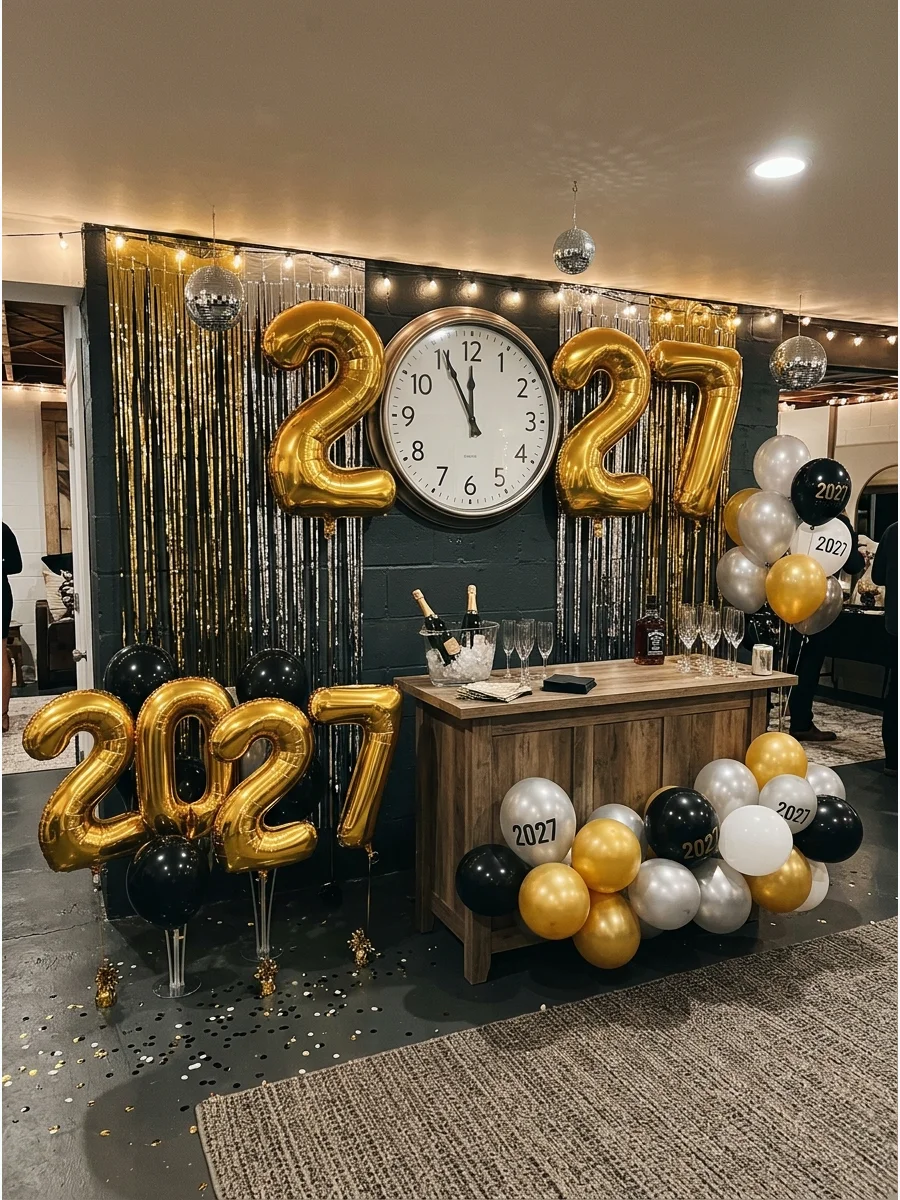 A designated countdown area with a large clock and 2027 balloons for a New Year's Eve party.
