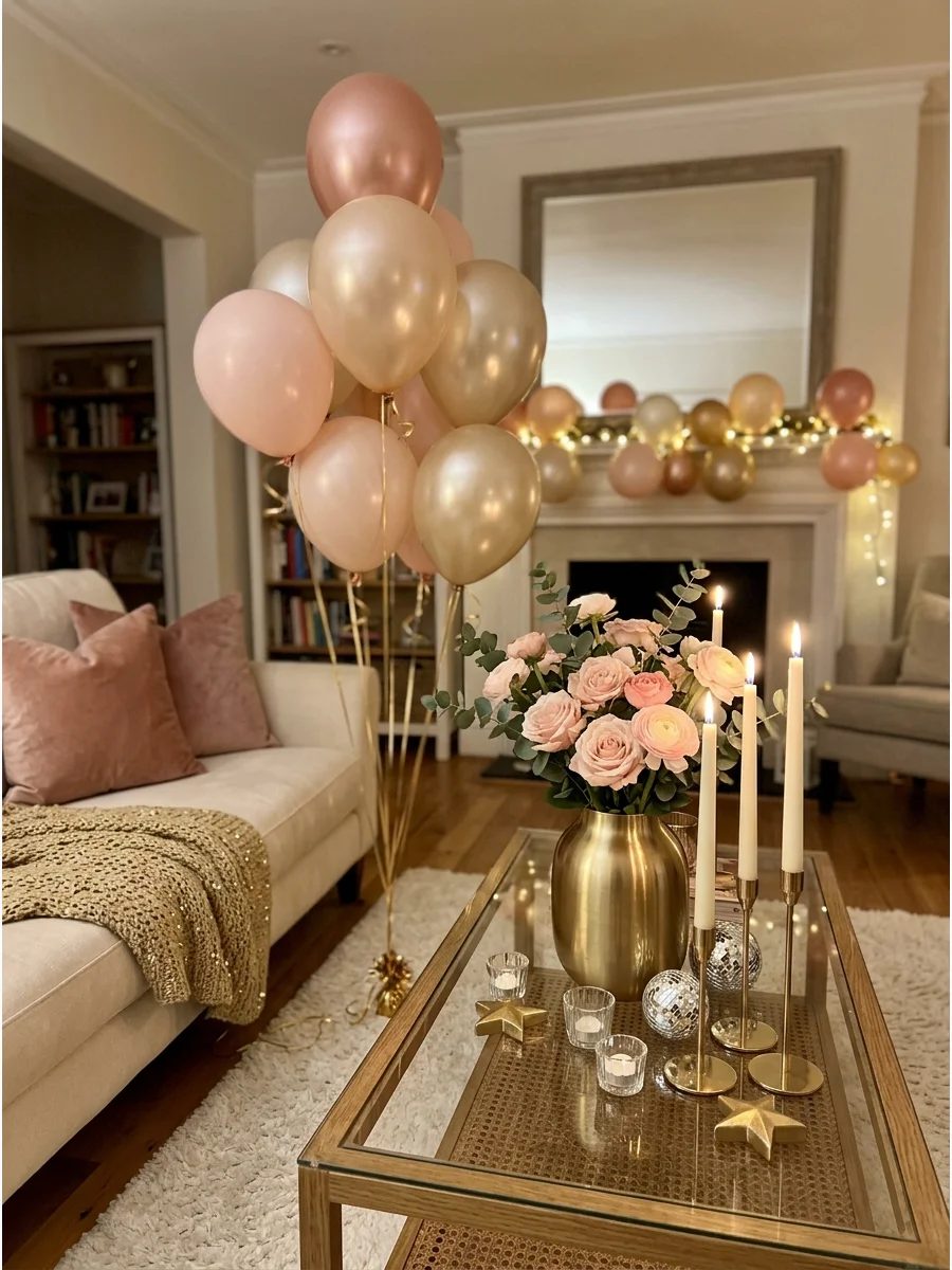 Blush pink and gold New Year's Eve decorations on a coffee table.