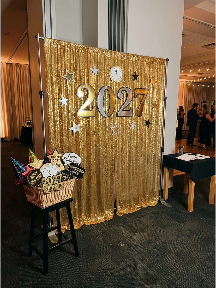 A glamorous photo booth setup with a gold sequin backdrop and New Year's Eve props.