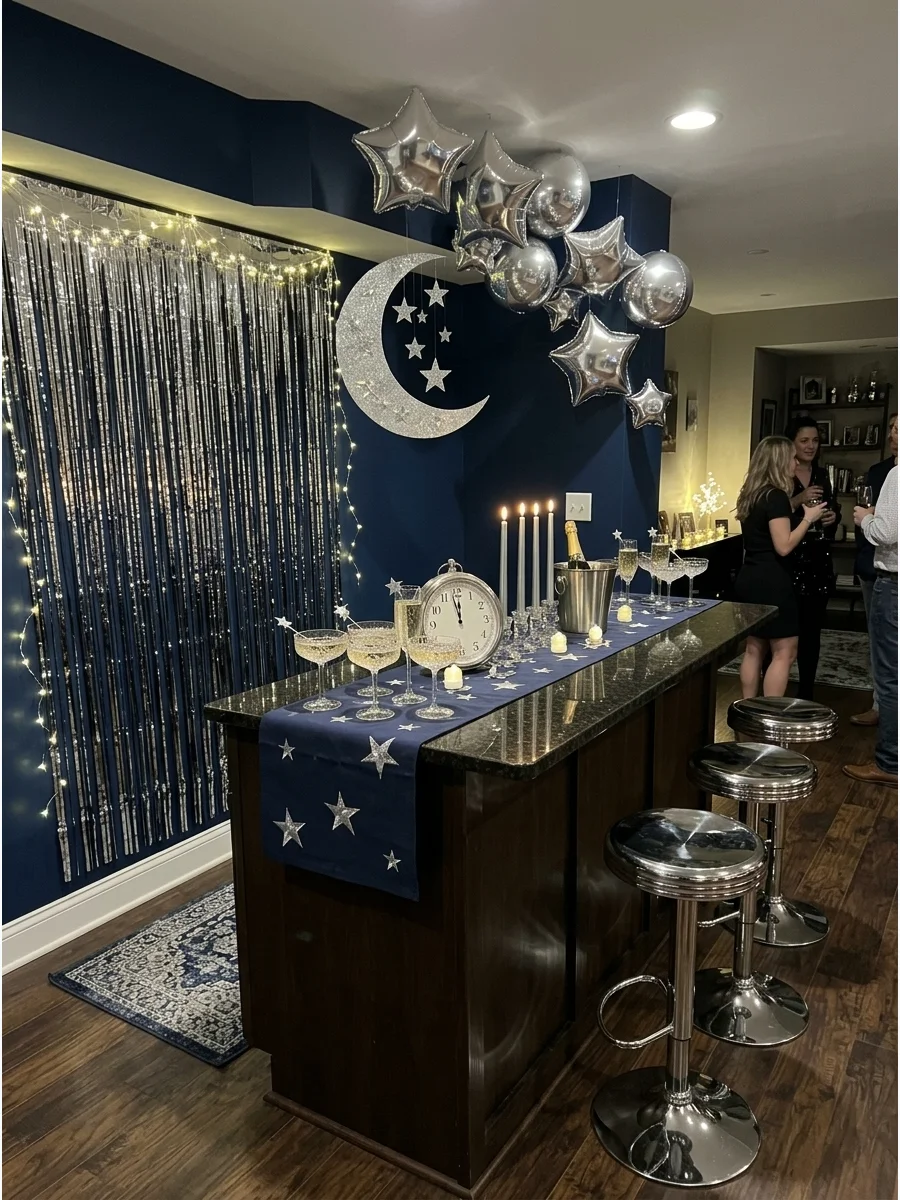 Midnight Blue and Silver New Years Eve Decorations support view 1