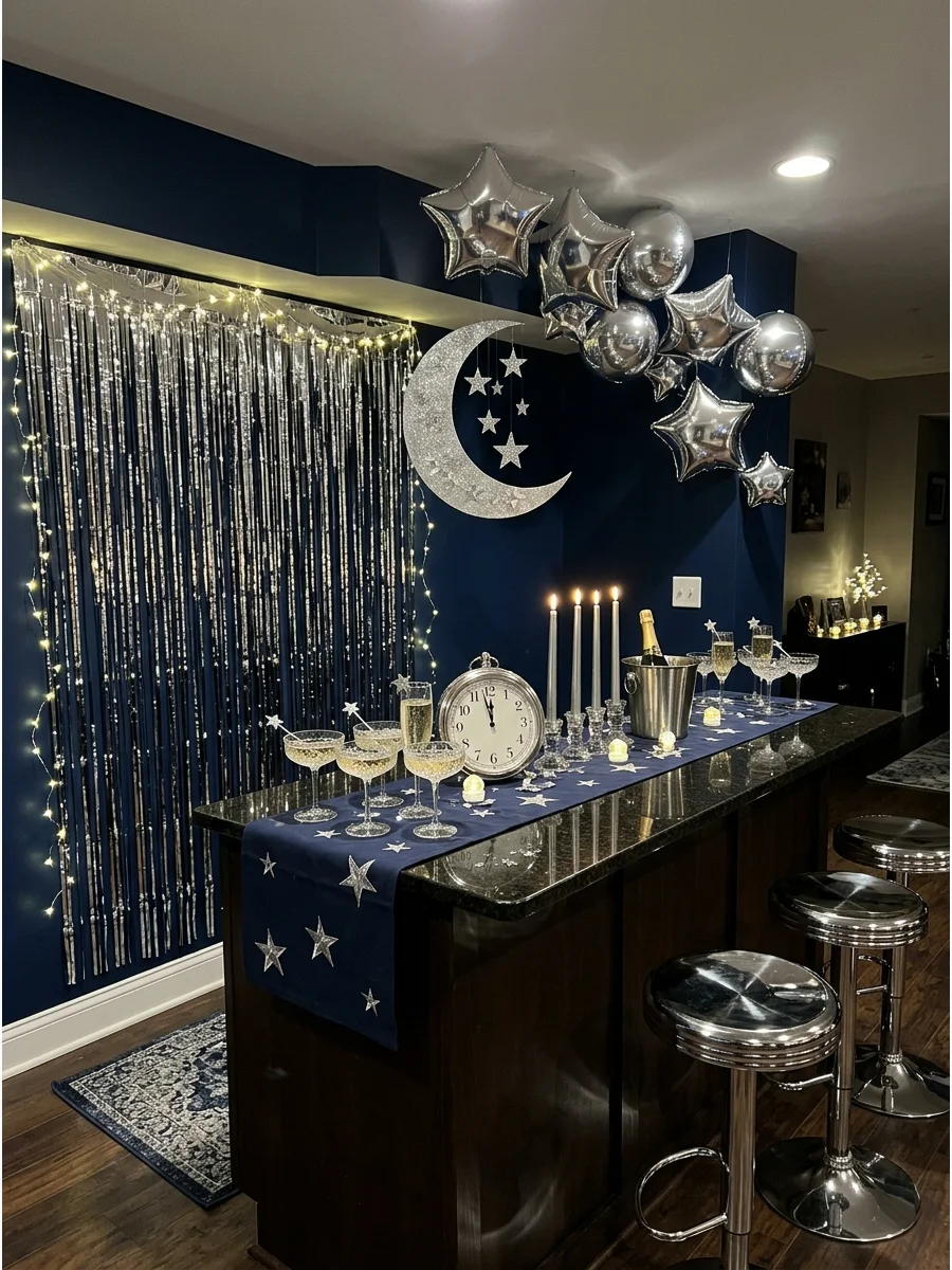 Midnight blue and silver decorations at a home bar.