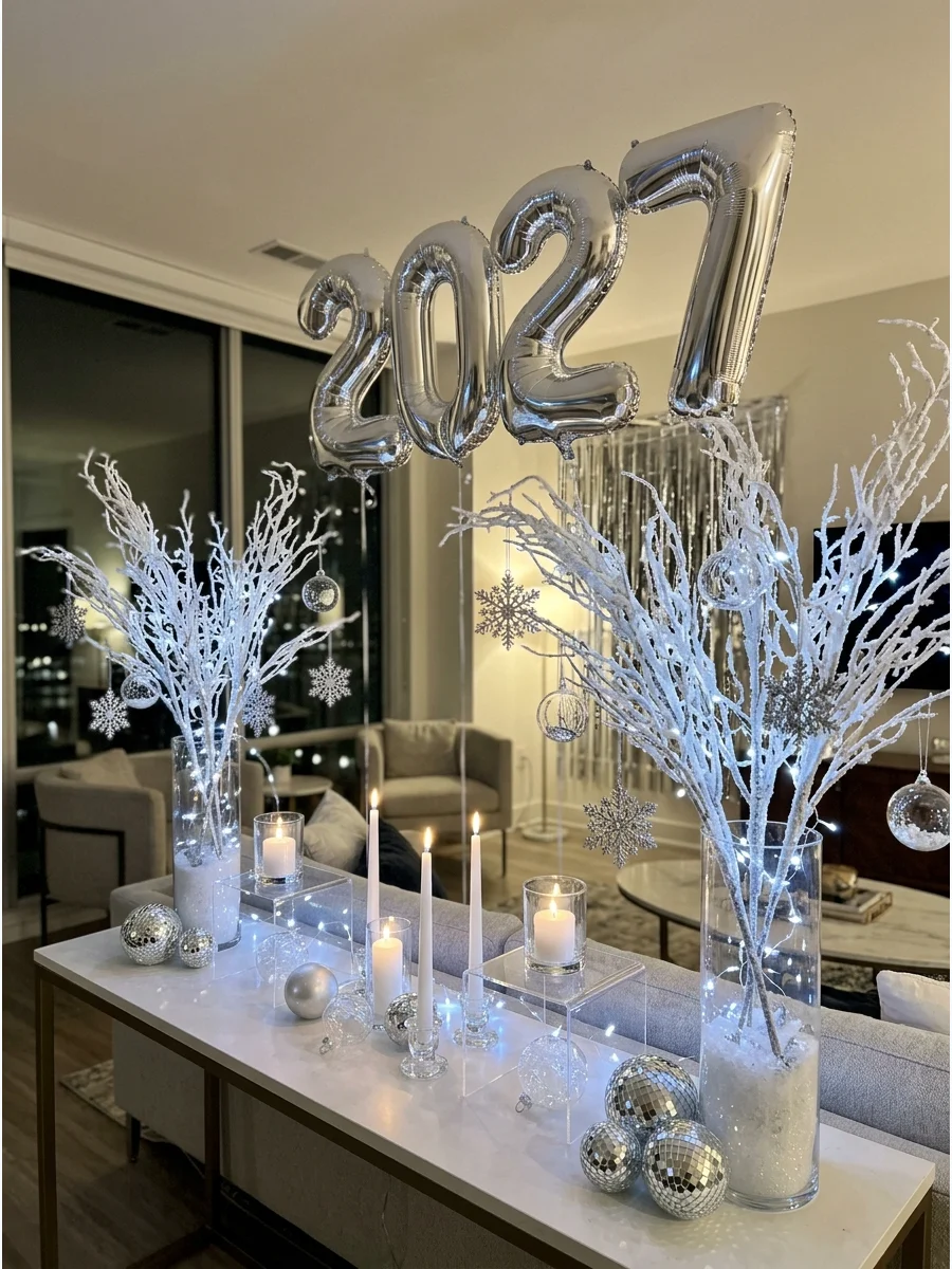 Winter wonderland themed New Year's Eve decorations.