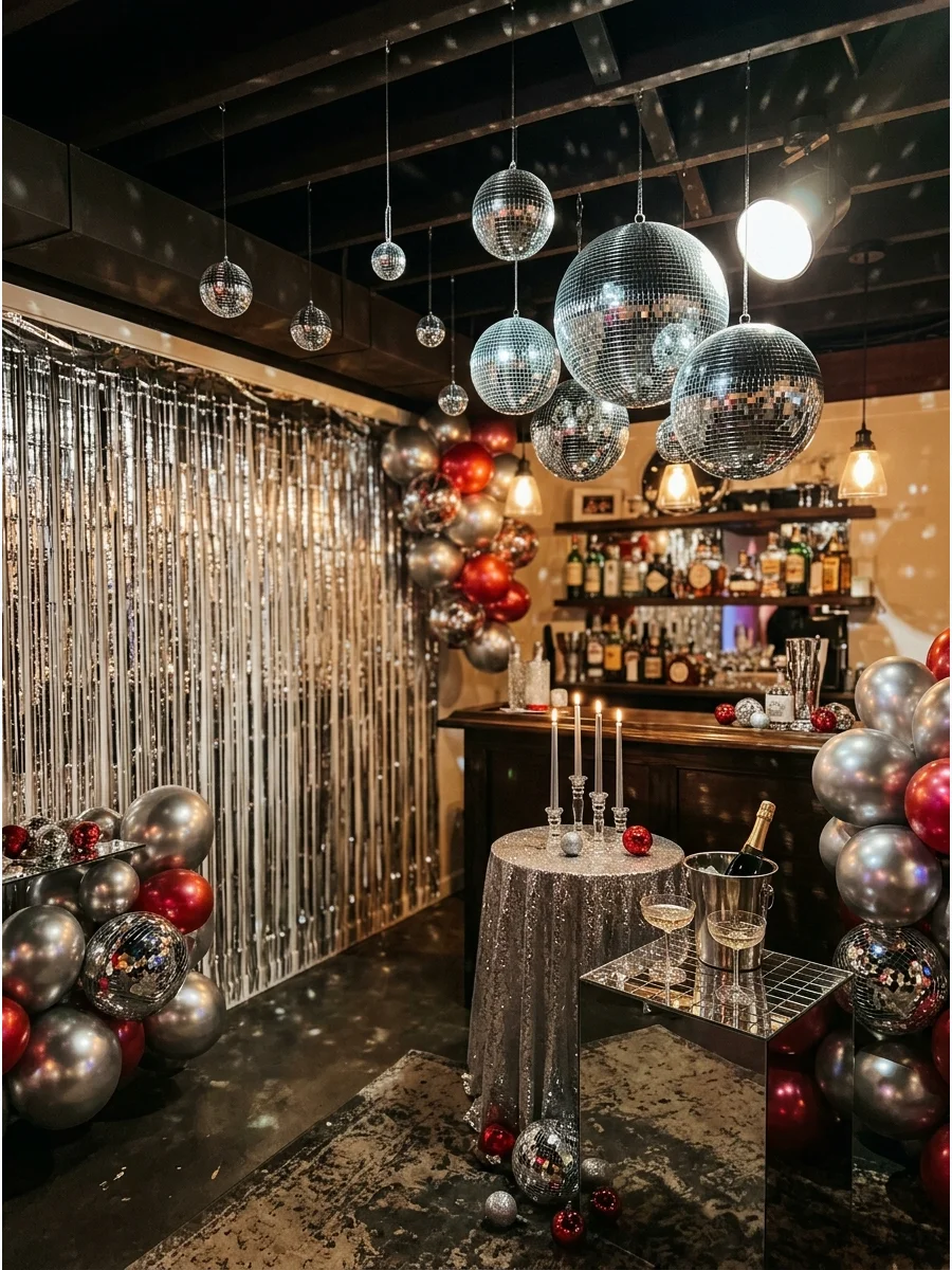 Disco ball decorations for a New Year's Eve basement party.