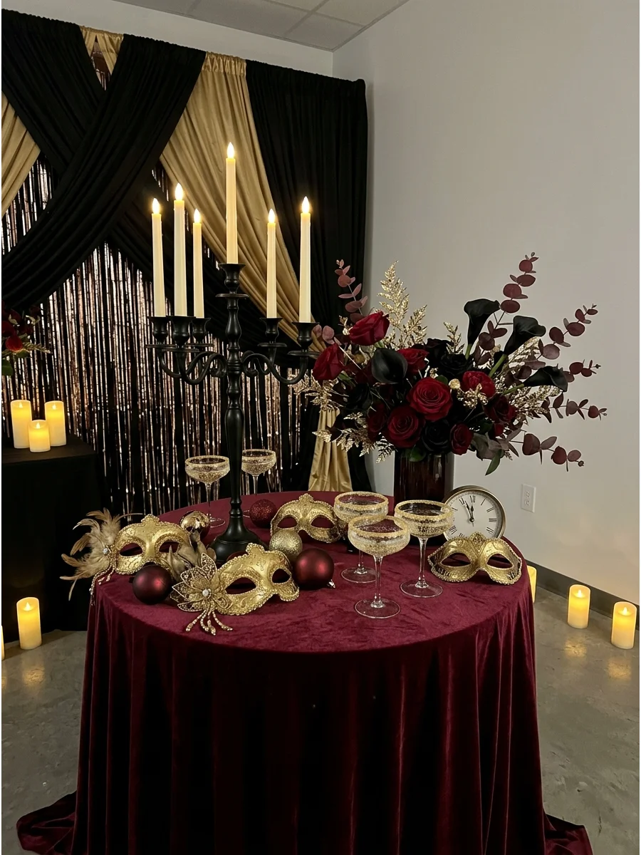 Midnight masquerade decorations with burgundy and gold.