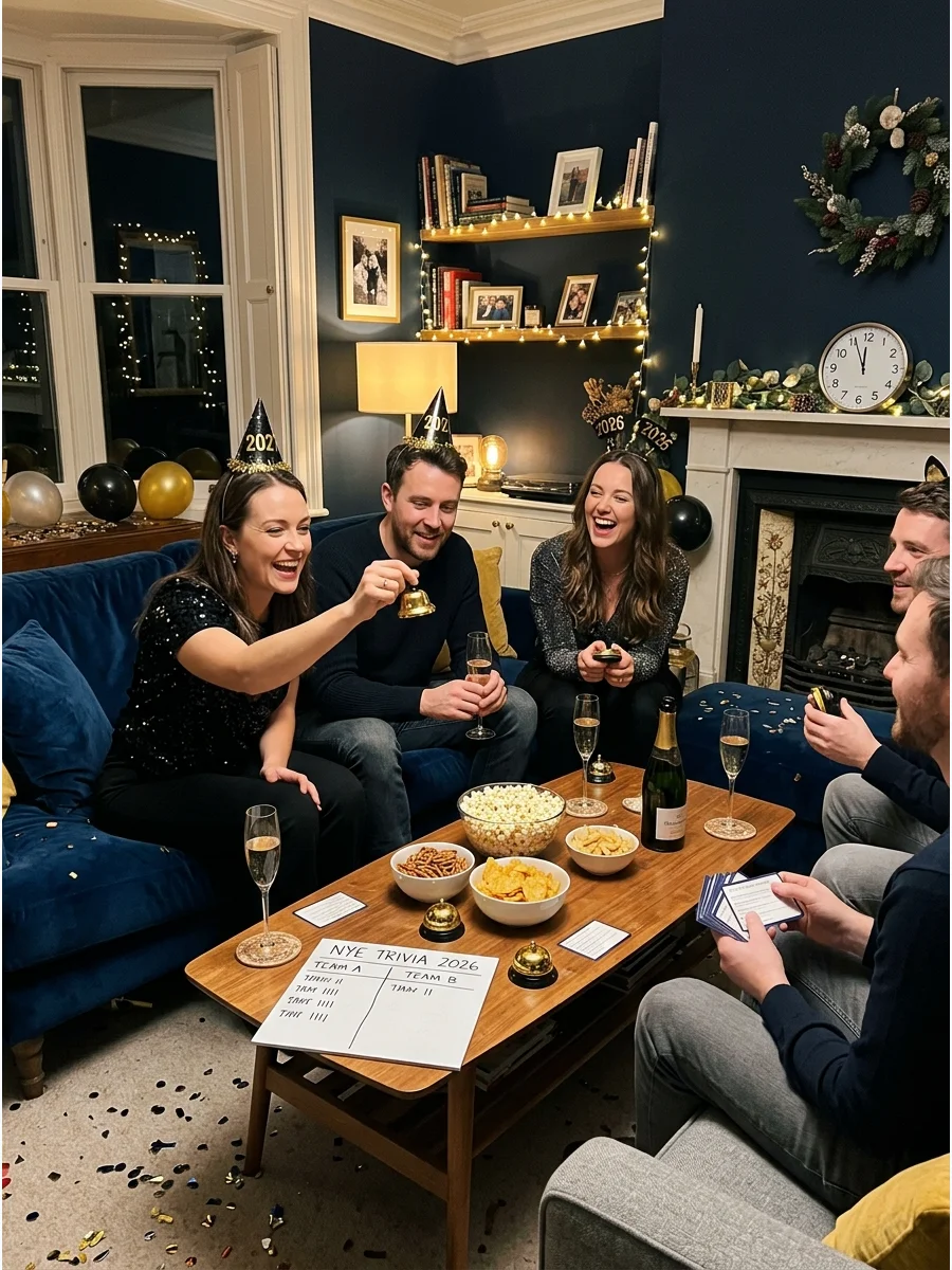 Friends playing trivia in a festive living room.