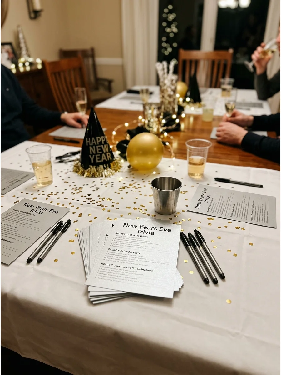 Trivia sheets and pens on a decorated dining table.