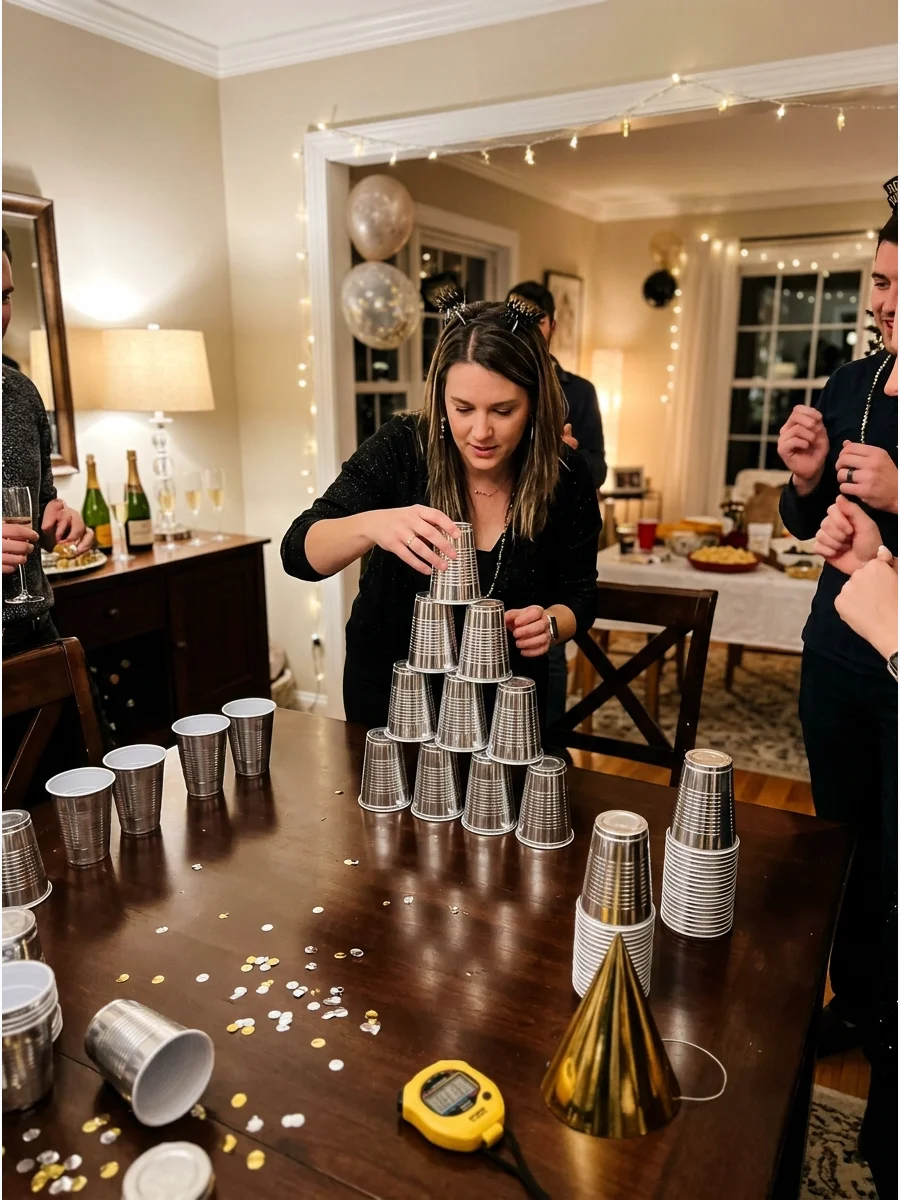 A person stacking silver cups into a pyramid on a wooden table.