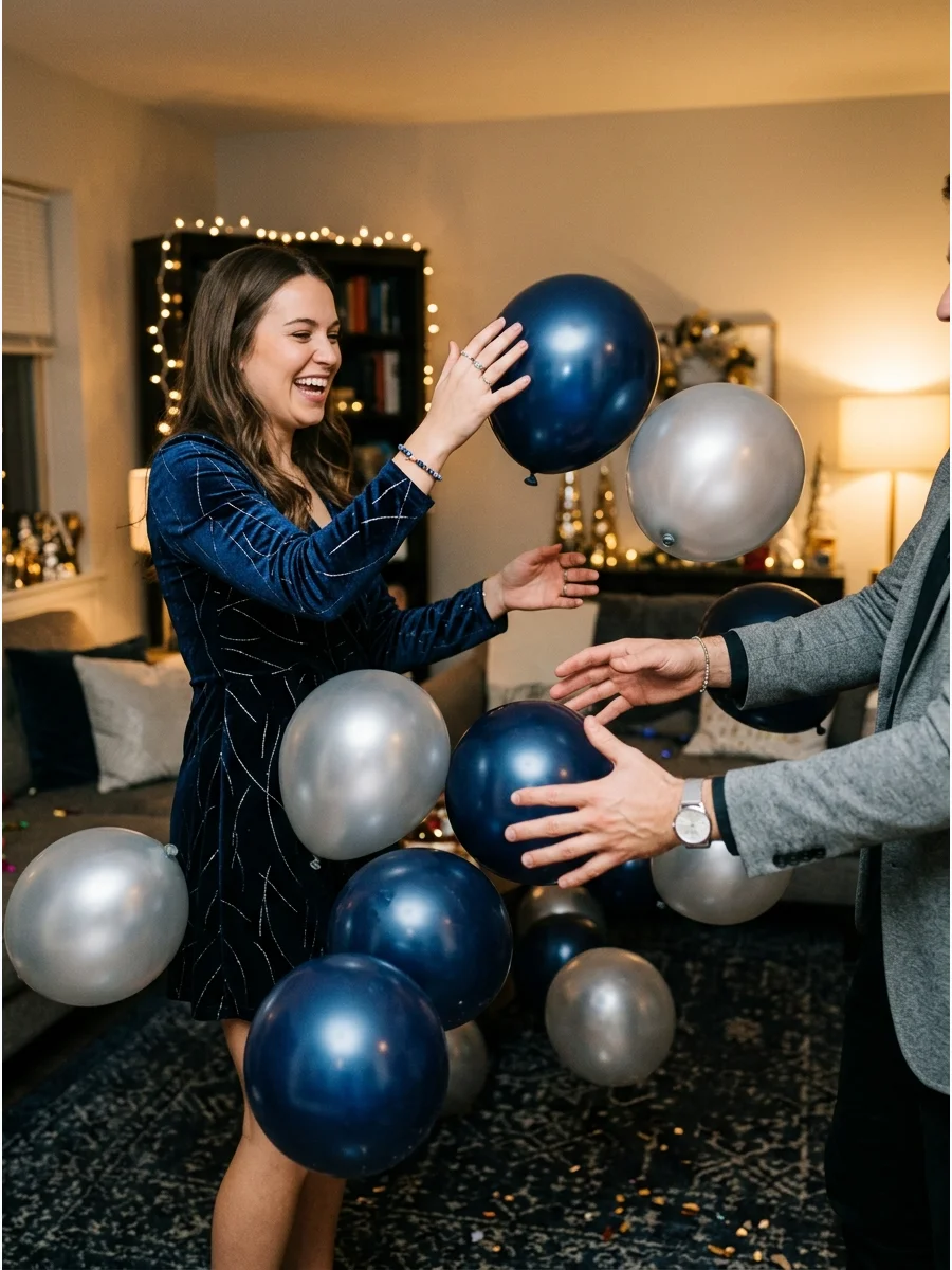 Guests playing with blue and silver balloons in a decorated living room.