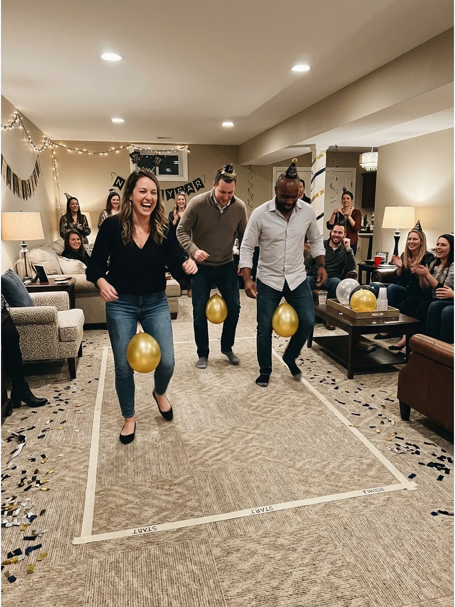 People racing across a basement with balloons held between their legs.