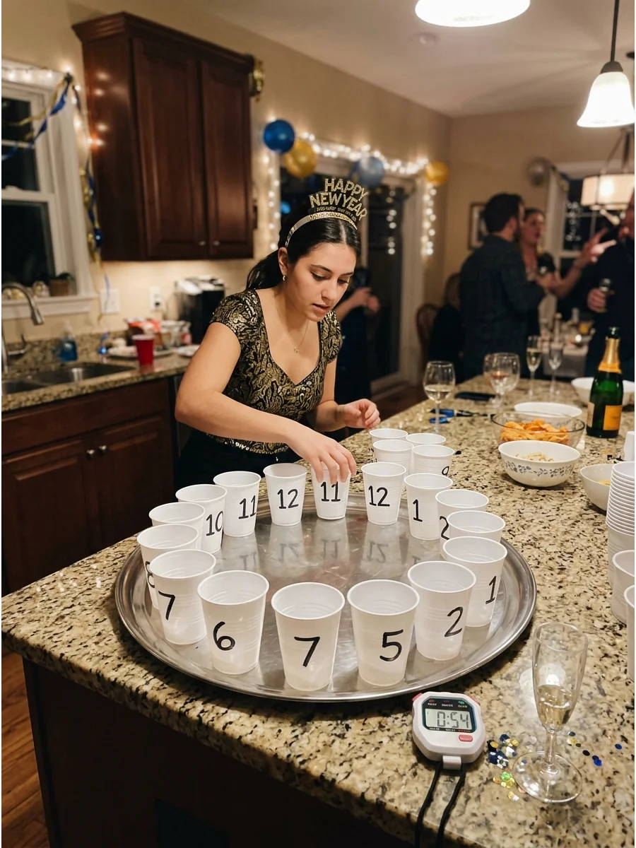 Numbered cups arranged in a circle on a kitchen counter.