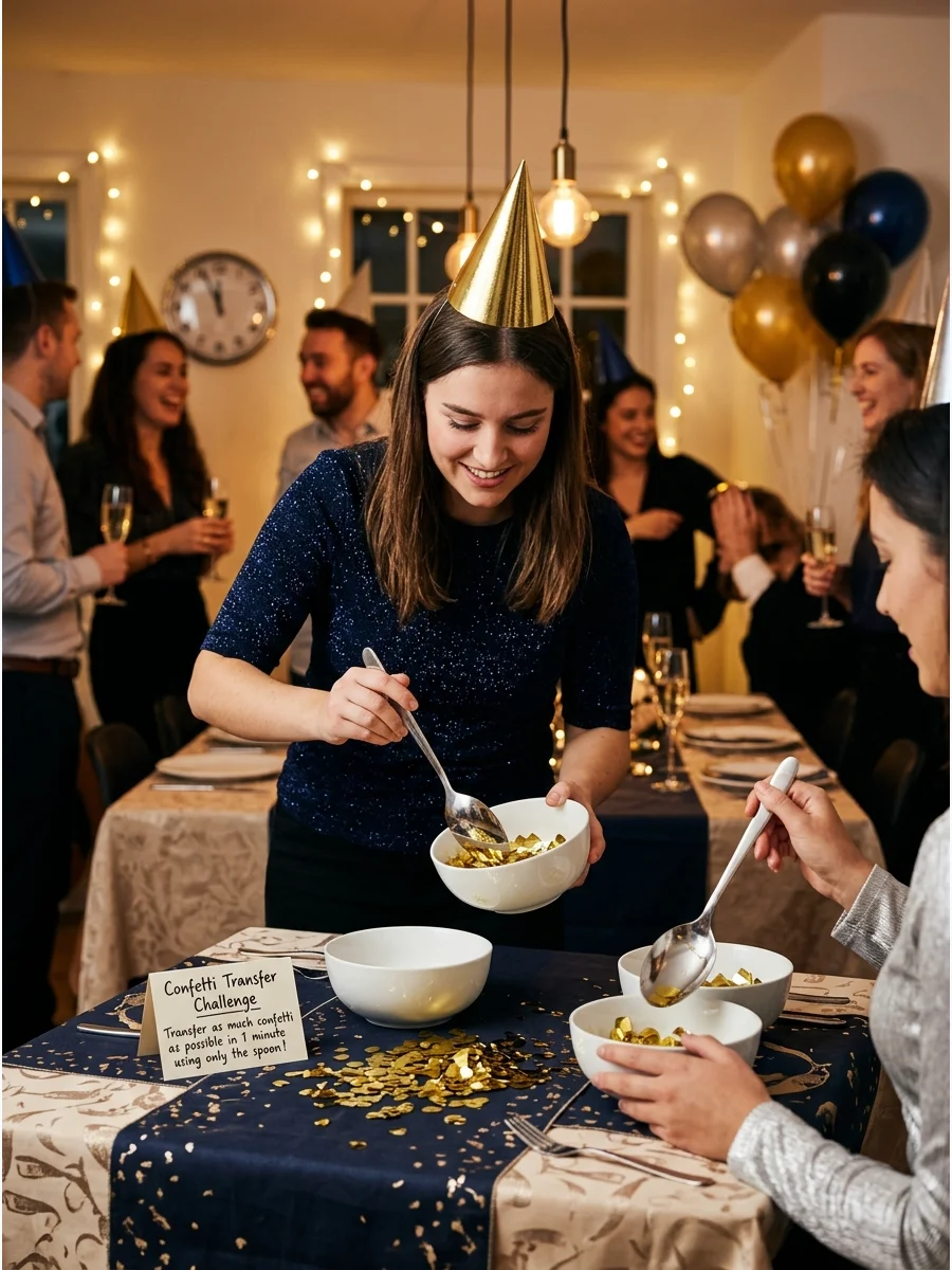 A person transferring gold confetti between bowls using a spoon.
