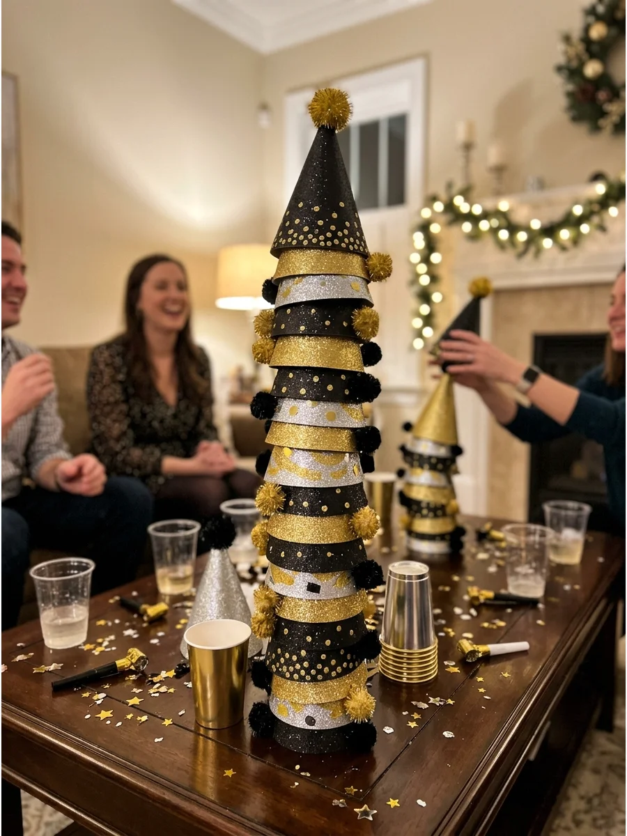 A vertical stack of black and gold party hats on a table.