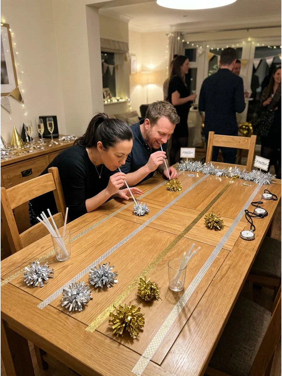 People using straws to blow pom-poms across a table.