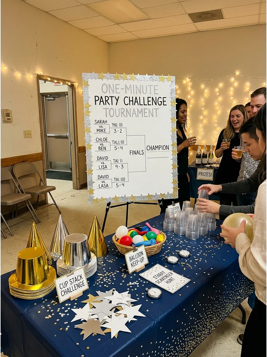 A tournament bracket board decorated with New Years stickers.